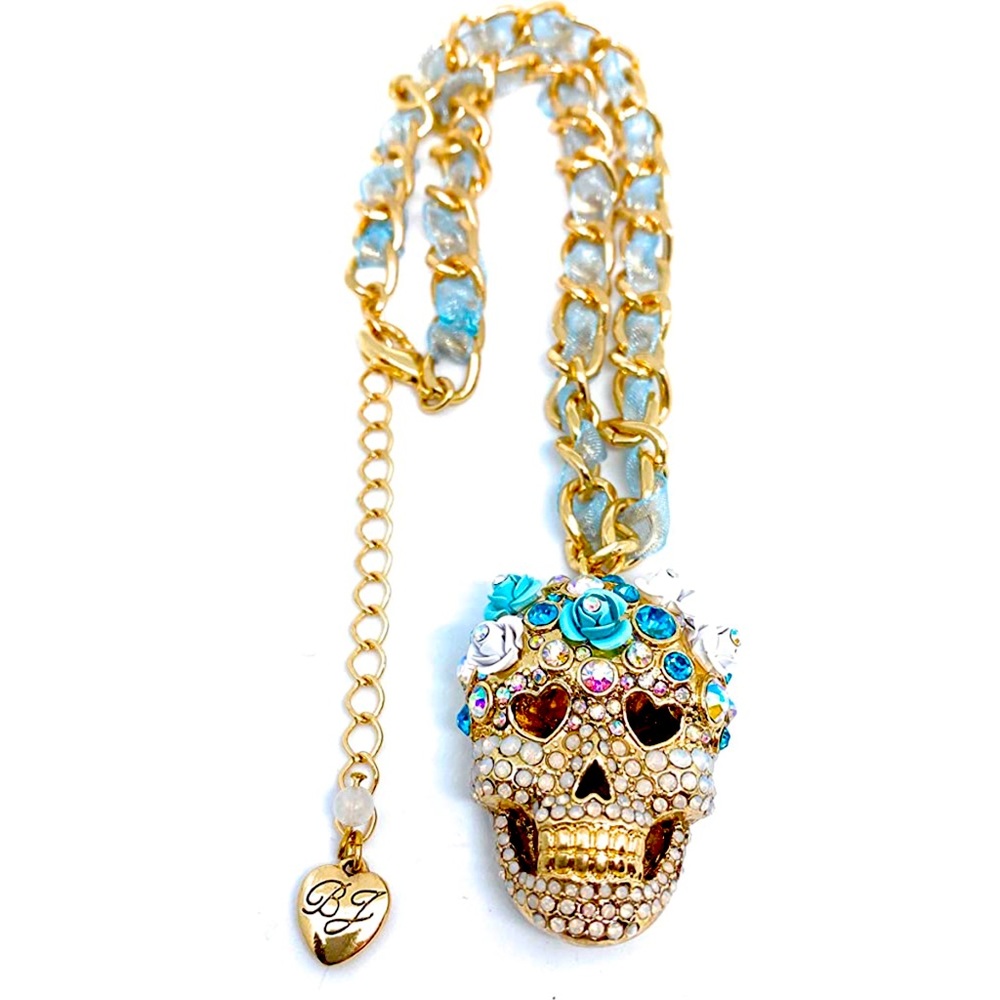 💀🖤💗Betsey Johnson Blue Ribbon Chain - Crystal Sugar Skull Pendant Necklace